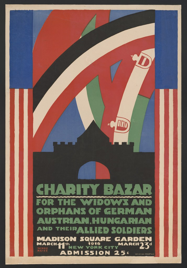 Charity-Bazaar-Plakat für die Witwen und Waisen deutscher, australischer, ungarischer und alliierter Soldaten, mit Veranstaltungseinzelheiten in Textform.