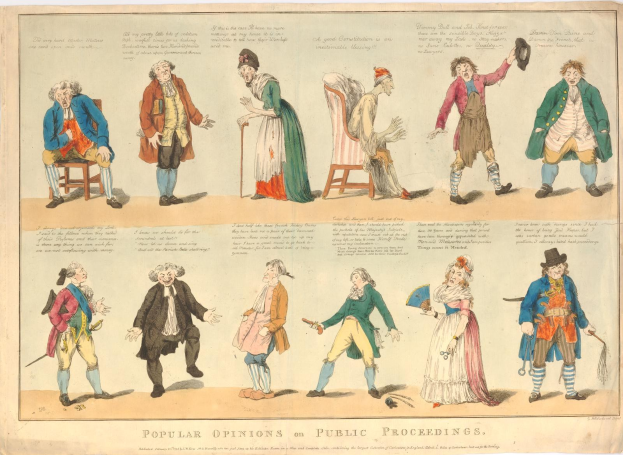 Eine Zeitung mit Fotos von Menschen und handgeschriebenem Text, die öffentliche Meinungen zu Verfahren zusammenfasst.