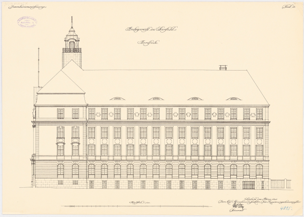 Eine Zeichnung des Hamburger Rathauses in Hamburg, Deutschland, mit einem prominenten Uhrenturm, sowie zusätzlichem Text auf dem Papier.