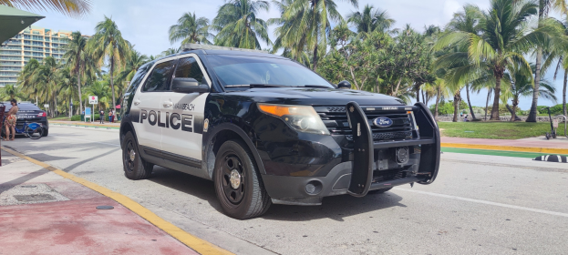 Polizeiauto am Straßenrand geparkt mit Menschen, Fahrrädern, Gras, Bäumen, Gebäuden und einem klaren blauen Himmel im Hintergrund; das Vorderrad des Wagens ist sichtbar.