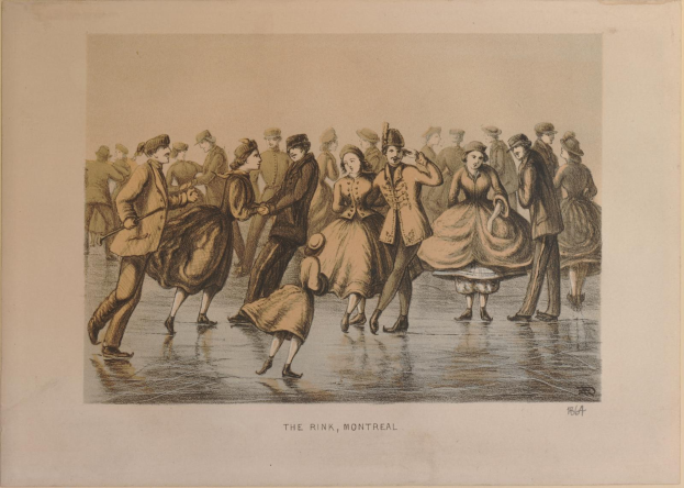 Gruppe von Menschen, die auf einer Outdoor-Eisbahn in Montreal, Kanada, umgeben von Bäumen mit dem Himmel im Hintergrund, skaten, mit der Beschriftung "The Rink, Montreal" unten.