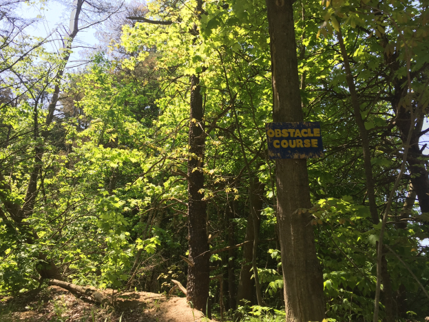 Ein Schotterweg in einem bewaldeten Gebiet mit einem Schild, auf dem "Hindernislauf" steht, und Bäumen, die den Weg säumen, mit einem sichtbaren Himmel im Hintergrund.