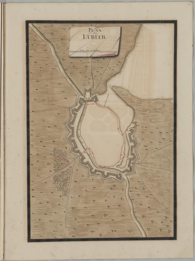 Ein altes Buch mit einer detaillierten Karte von Lübeck, das Straßen, Gebäude, Sehenswürdigkeiten und Texte mit Bevölkerungsangaben, Geschichte und kulturellen Informationen enthält.