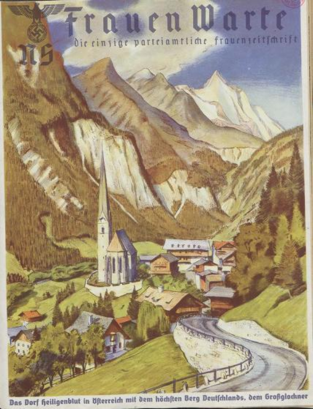 Ein nostalgisches deutsches Reiseplakat aus den 1930er Jahren, das eine kleine Bergstadt mit Häusern, Bäumen und einer gewundenen Straße zeigt, begleitet von beschreibendem Text.