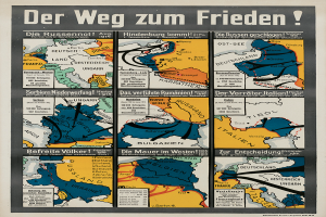 Ein Plakat mit einer bunten Karte von Deutschland mit verschiedenen Symbolen und der fett gedruckten Inschrift "Der Weg zum Frieden".