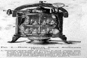 Zeichnung eines zylindrischen, metallenen Hochdruckdampf-Sterilisators mit einem Griff oben, einer seitlichen Öffnung und einem vorderen Glasfenster, beschriftet mit "Hochdruckdampf-Sterilisator".