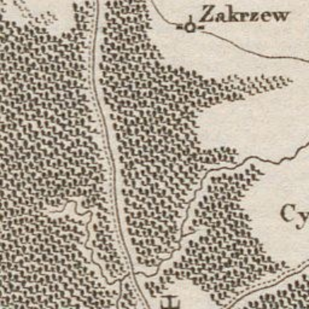 Ein detailliertes altes Stadtplan von Zakrzew, Polen, der Straßen, Gebäude, Sehenswürdigkeiten und Textbeschreibungen zeigt.