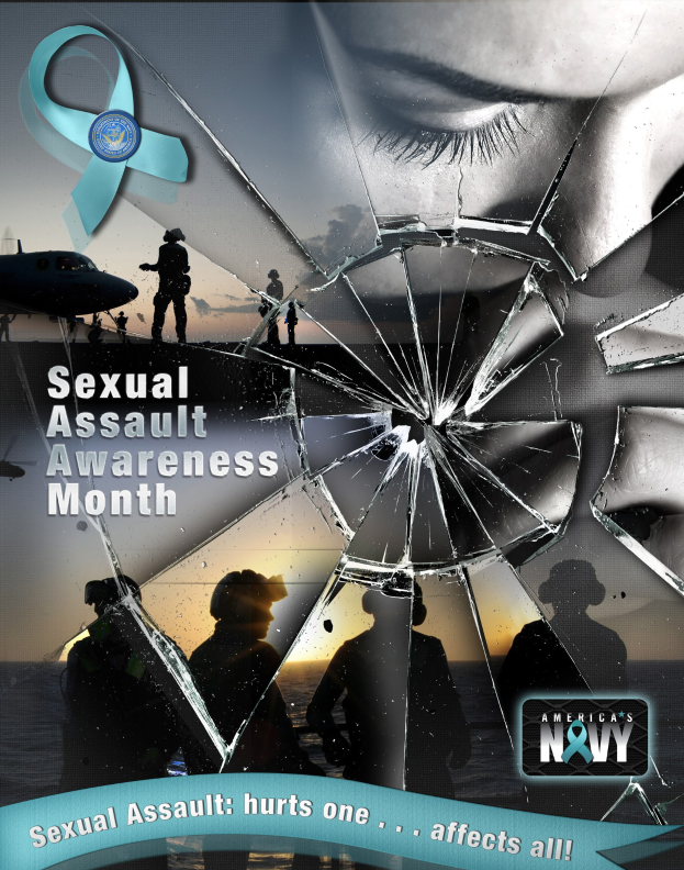 Plakat zum Sexual Assault Awareness Month mit einem gebrochenen Glas umgeben von Silhouetten von Menschen, einem Flugzeug und Wasser sowie einem Logo unten.