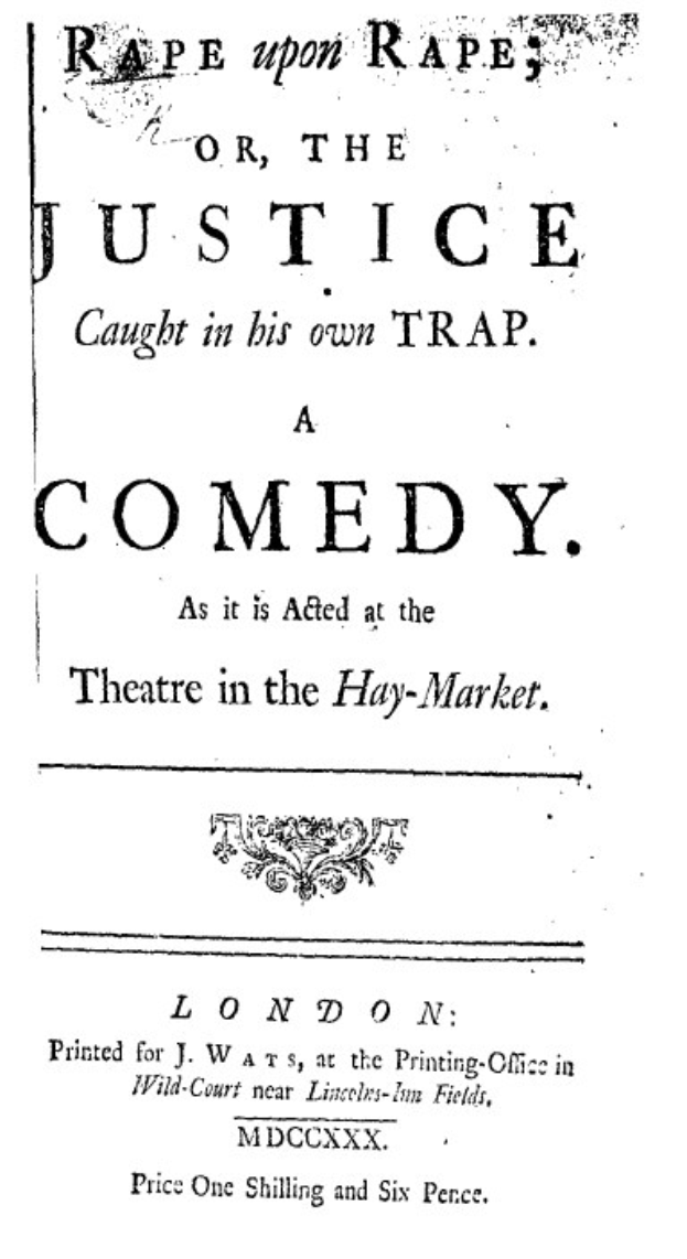 Schwarzes und weißes Plakat mit der Aufschrift "Vergewaltigung über Vergewaltigung oder die Justiz in ihrer eigenen Falle" in fetter schwarzer Schrift, wahrscheinlich Ankündigung einer Comedy-Show.