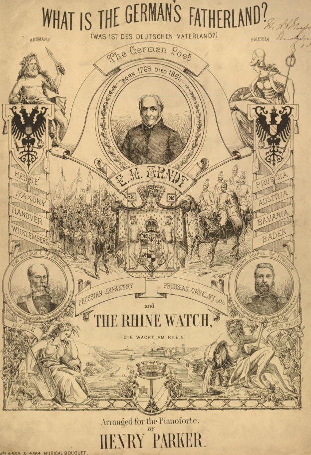 Schwarz-weiß-Illustration eines Papiers mit der Überschrift "Was ist das Vaterland der Deutschen? Die Rheinwacht" mit Bildern von Menschen.