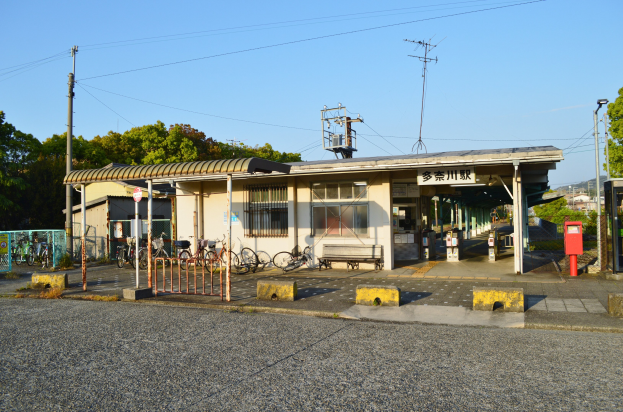 Fahrräder vor einem Bahnhof mit einer Straße darunter, Häusern und Bäumen im Hintergrund und einem klaren blauen Himmel.