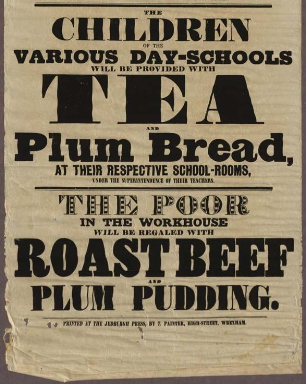 Ein Blatt mit der Aufschrift "Die Kinder der verschiedenen Ganztagsschulen werden mit Tee, Pflaumenbrot und Rinderbraten und Pflaumenpudding versorgt."