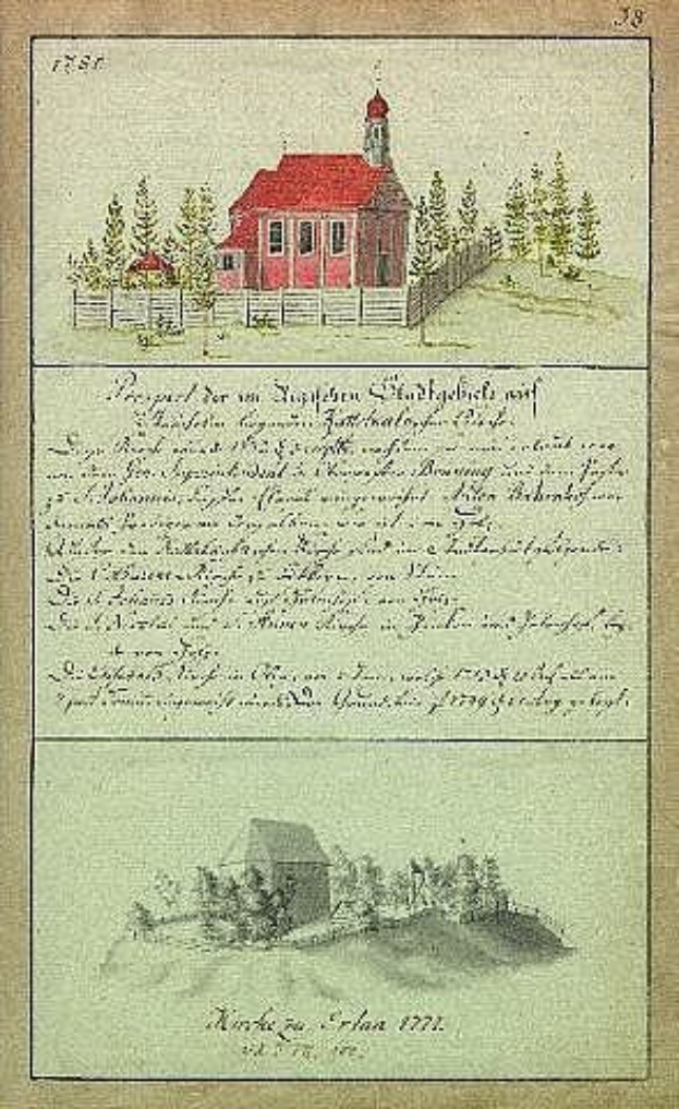 Ein altes Buch mit dem Titel "Deutsche Schule in den Niederlanden, 1777" mit einer Illustration eines roten Hauses umgeben von Bäumen und einem Zaun.