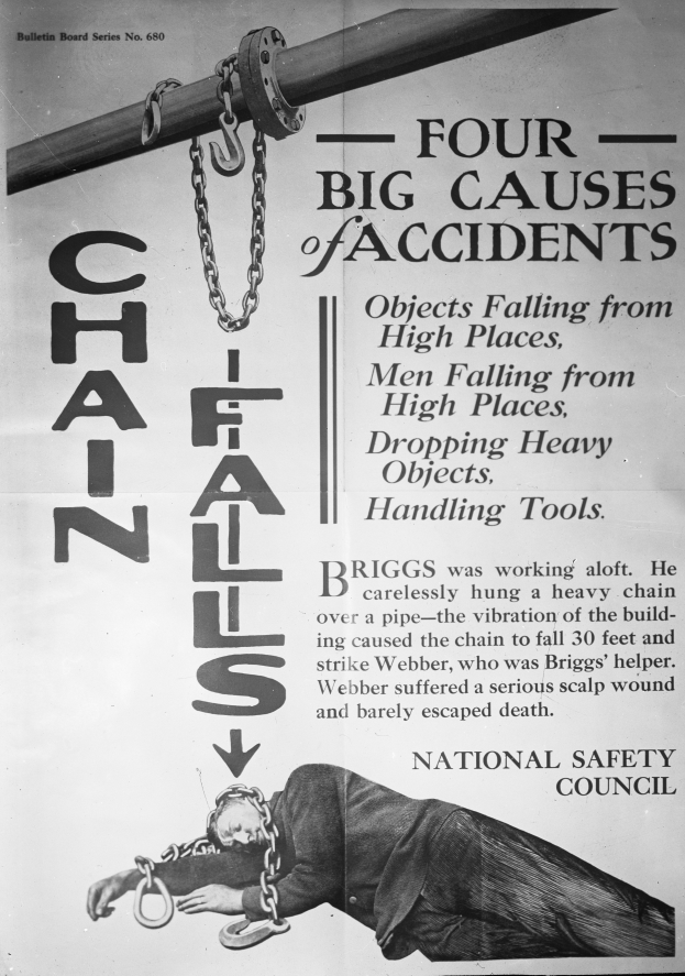 Ein Schwarz-Weiß-Plakat mit einer Person auf einem Pfahl mit Ketten, betitelt mit "Vier große Unfallursachen"