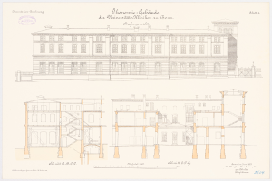 Eine Zeichnung des Schmitt Museums in München, Deutschland, ein großes Gebäude mit zahlreichen Fenstern, begleitet von beschreibendem Text.