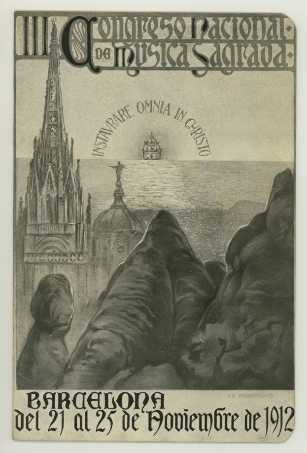 Plakat Ankündigung eines Konzerts in Barcelona, Spanien im Jahr 1912, das ein Gebäude, eine Statue und Wasser mit Text zeigt.