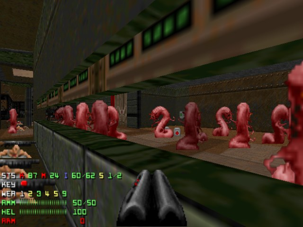 Ein Screenshot aus dem Videospiel Doom II, der mehrere animierte Zombies in einem Raum zeigt, eine Waffe unten und Spielstatistiken links.