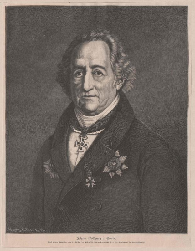 Schwarz-weiß-Etching von Johann Wolfgang von Goethe in einem Mantel mit Medaillen, mit Text unten.