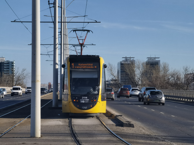 Gelber Straßenbahnwagen auf einer Stadtstraße mit Autos, Strommasten, Bäumen, Gebäuden und einem klaren blauen Himmel im Hintergrund.