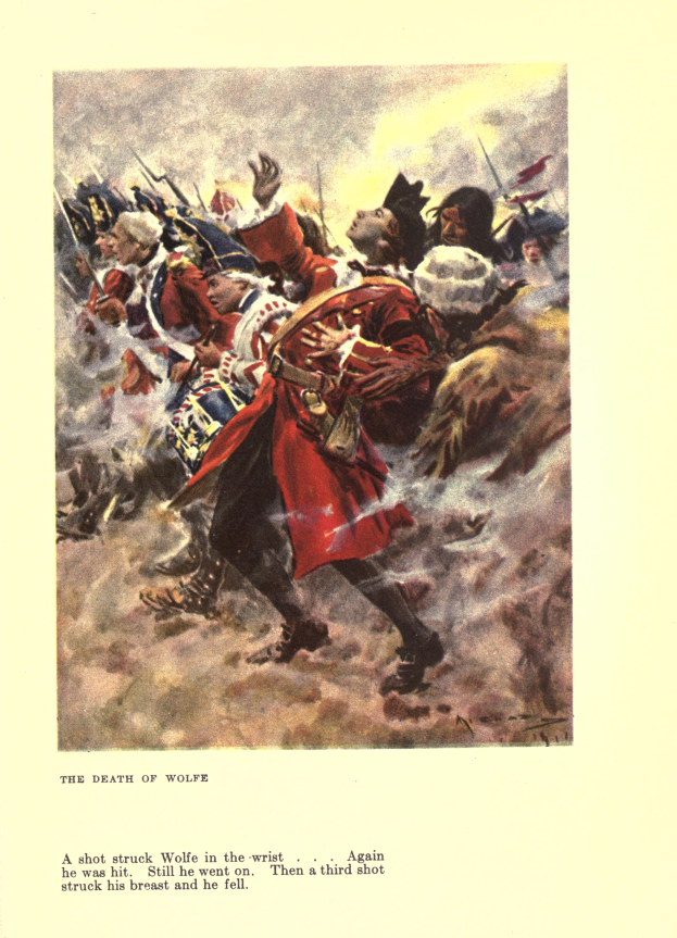 Ein Plakat, das eine Gruppe verzweifelter Menschen zeigt, einige schauen ängstlich nach oben, andere traurig nach unten, mit der Aufschrift "Der Tod des Wolfe" unten, in gedämpften Farben, die eine bedrückte Atmosphäre schaffen.