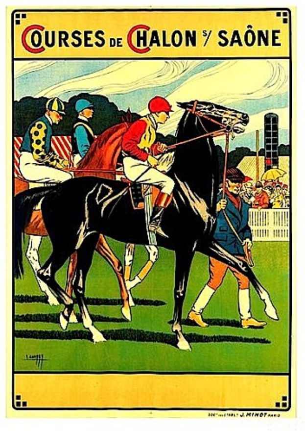 Ein Plakat, das ein Pferderennen mit Jockeys auf Pferden, umgeben von einer Menge, einem Zaun, Bäumen und einem bewölkten Himmel, zeigt und Text über die Rennstrecken enthält.