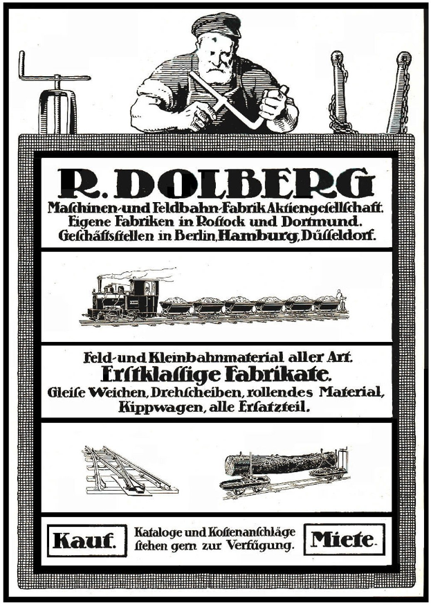 Werbeplakat für die Fabrik von R.D. Dolberg in Hamburg, Deutschland, mit Text und Bildern, darunter eine Person, ein Zug und andere Gegenstände.