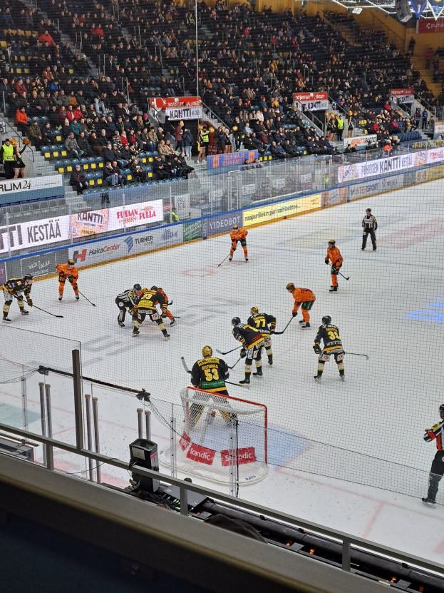 Gruppe von Menschen, die Hockey auf einer Indoor-Eisfläche mit einem Netz spielt, umgeben von einem Zaun, unter Stadionbeleuchtung, mit Zuschauern im Hintergrund und sichtbaren Bannern.