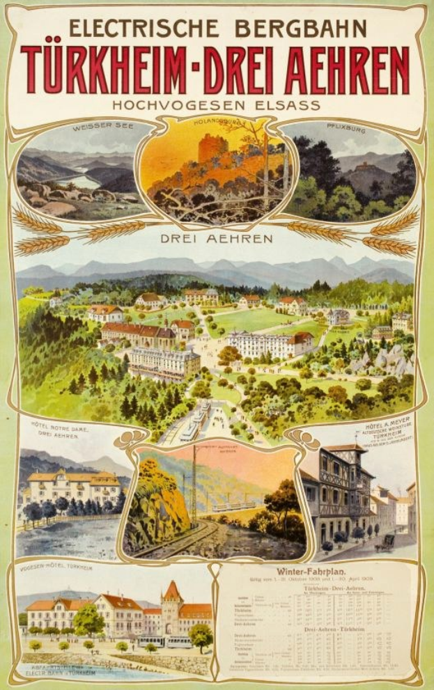 Plakat bewirbt Bergbahn, Deutschland als Elektrostadt, zeigt Bilder von Gebäuden, Bäumen, Hügeln und Beschreibungstext.