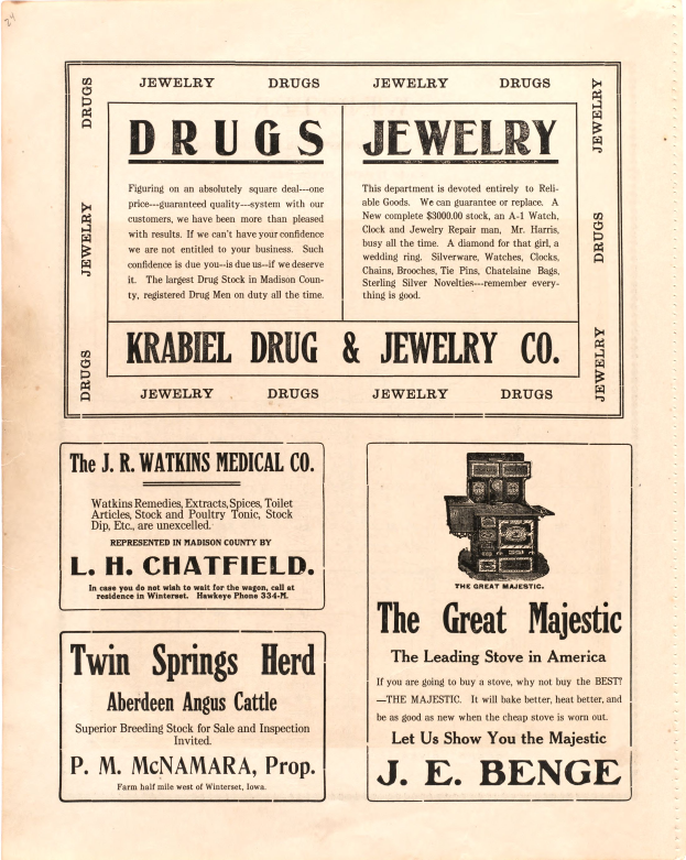 Eine alte Werbung für eine Drogerie und Juweliergeschäft, das ein Katalog mit Text und Bildern verschiedener Artikel zeigt.