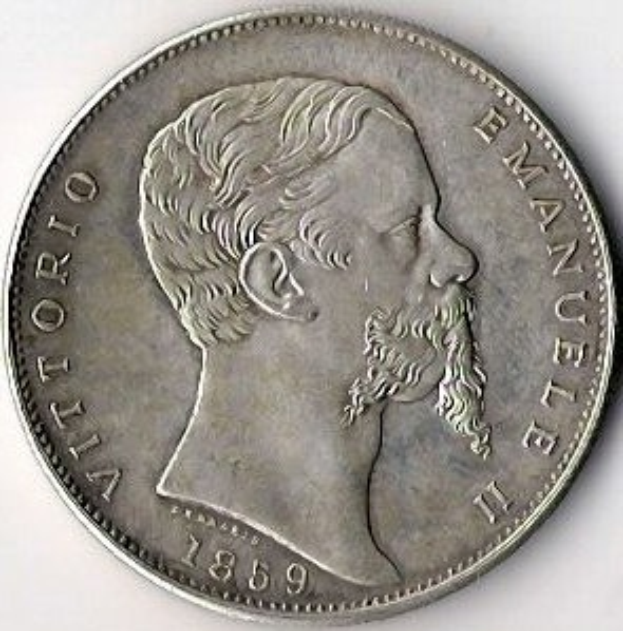 Eine silberne italienische Münze aus dem Jahr 1859 mit dem Bild eines bärtigen Mannes und der Inschrift "Vittorio Emanuele II".