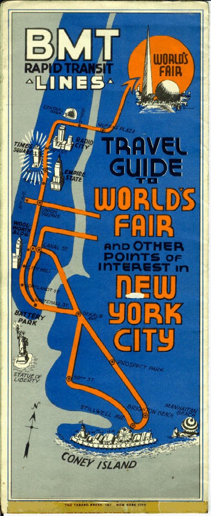 Ein Plakat mit einer Karte der New Yorker Weltausstellung 1964 und Texten, die Details zum Ereignis und seinen Attraktionen liefern.