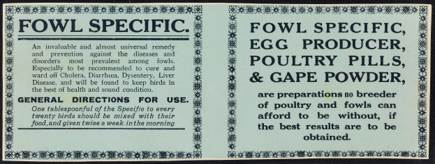 Plakat mit schwarzem Hintergrund, das den Text "Fowl Specific Egg Producer, Poultry Pills und Cape Powder" anzeigt.