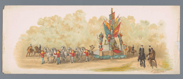 Ein Gemälde eines Karnevalsumzugs mit Menschen in bunten Kostümen, die auf Pferden vor einem geschmückten Wagen reiten, vor einem klaren blauen Himmel mit Bäumen im Hintergrund.