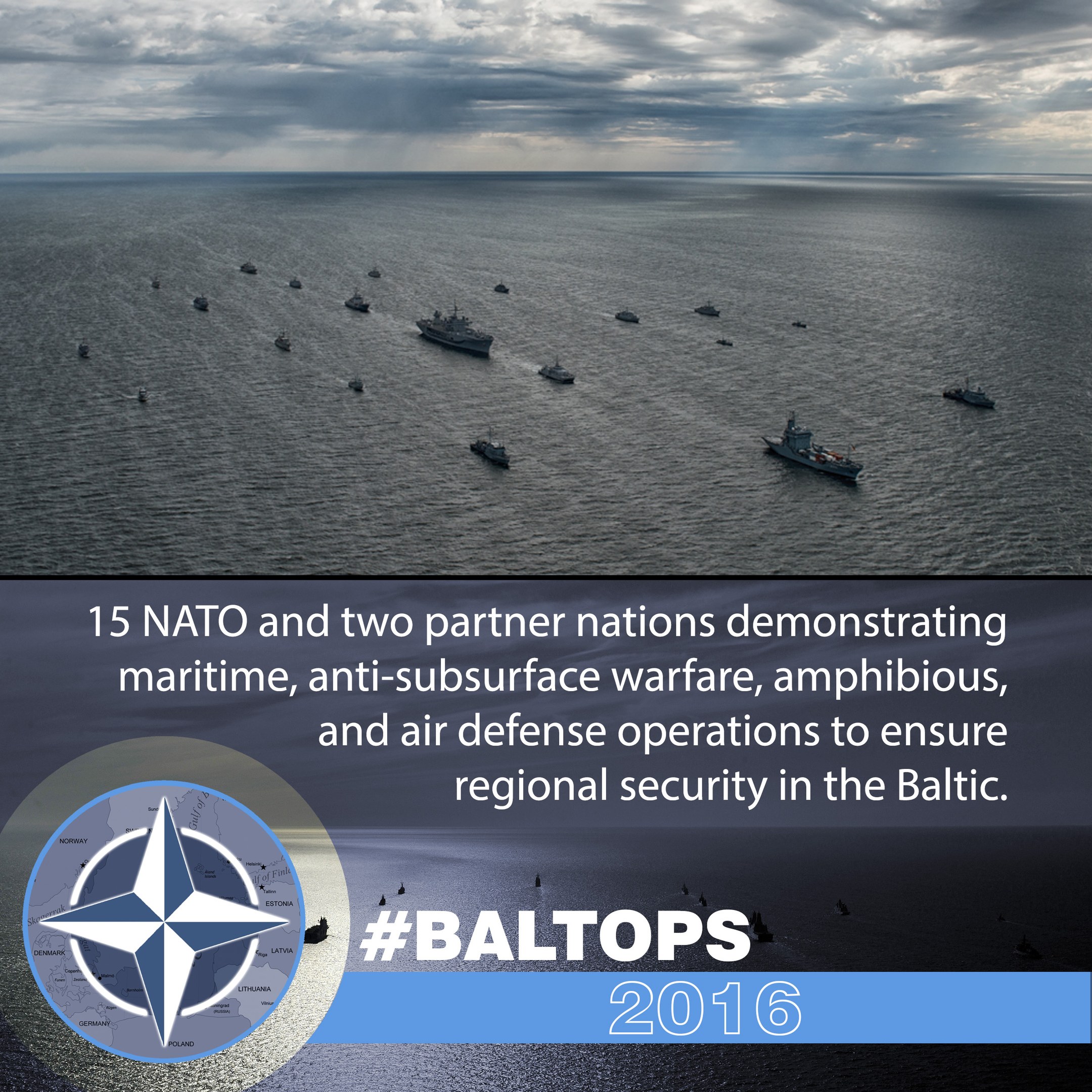 Gruppe von Schiffen auf dem Wasser mit bewölktem Himmel, mit Text und Logo über NATO-Meeroperationen in der Ostsee.