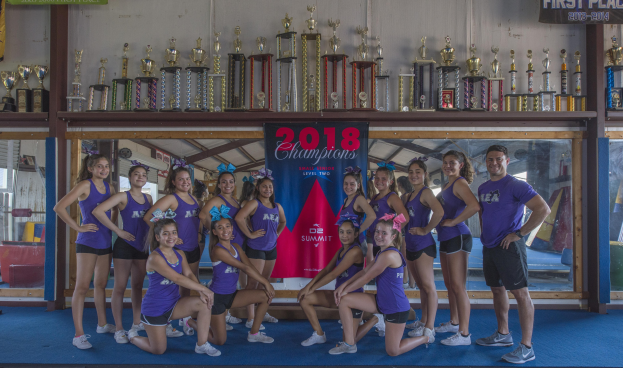 Gruppe von Cheerleadern in lila T-Shirts und schwarzen Shorts, die vor einem Vitrinenschrank mit einer '2018 Summit Cheerleading Champions'-Banner posieren.