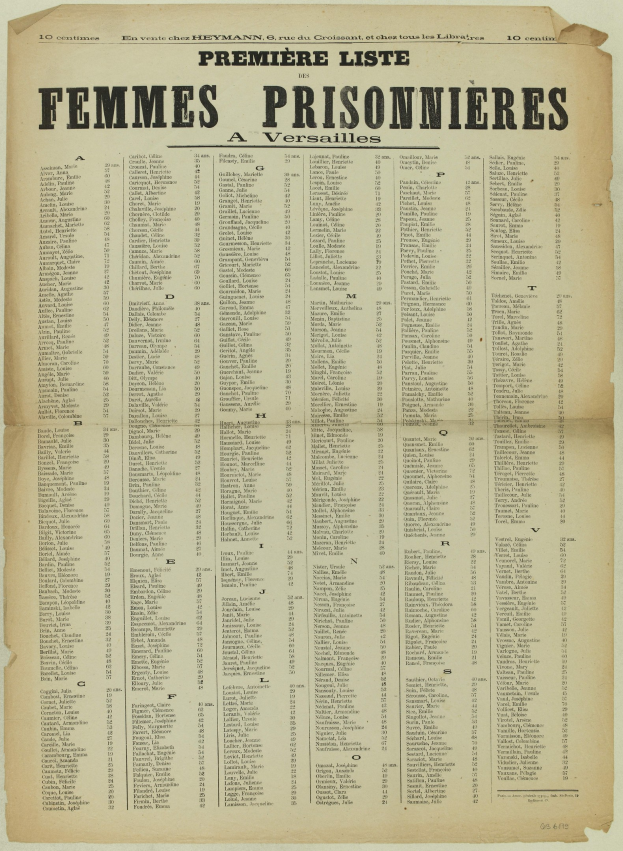 Gelbliches altes Buch mit einer Liste von weiblichen Gefangenen, Namen in schwarzer Tinte in zwei Spalten unterteilt.