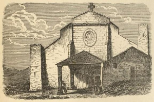 Gravur der Kirche des Heiligen Grabes mit einer Uhr an der Vorderseite, umgeben von Menschen, unter einem bewölkten Himmel, mit Text unten, der "Kirche des Heiligen Grabes" lautet.