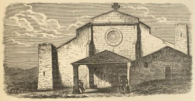 Gravur der Kirche des Heiligen Grabes mit einer Uhr an der Vorderseite, umgeben von Menschen, unter einem bewölkten Himmel, mit Text unten, der "Kirche des Heiligen Grabes" lautet.