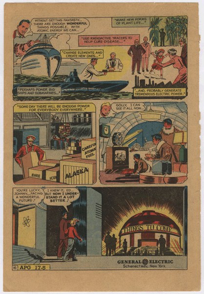 Comic-Heftseite mit einem Mann in einem blauen Anzug mit weißem Hemd und roter Krawatte und einer Frau in einem weißen Kleid mit blauer Schürze und Schürze, vor einem hellblauen Himmel mit weißen Wolken.