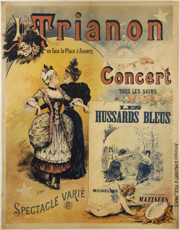 Ein Konzertplakat, das eine Frau in einem langen, hochgeschlossenen Kleid und einen Mann in einem Anzug zeigt, der hinter ihr steht und die Arme verschränkt hat, beide mit ernsten Gesichtern.