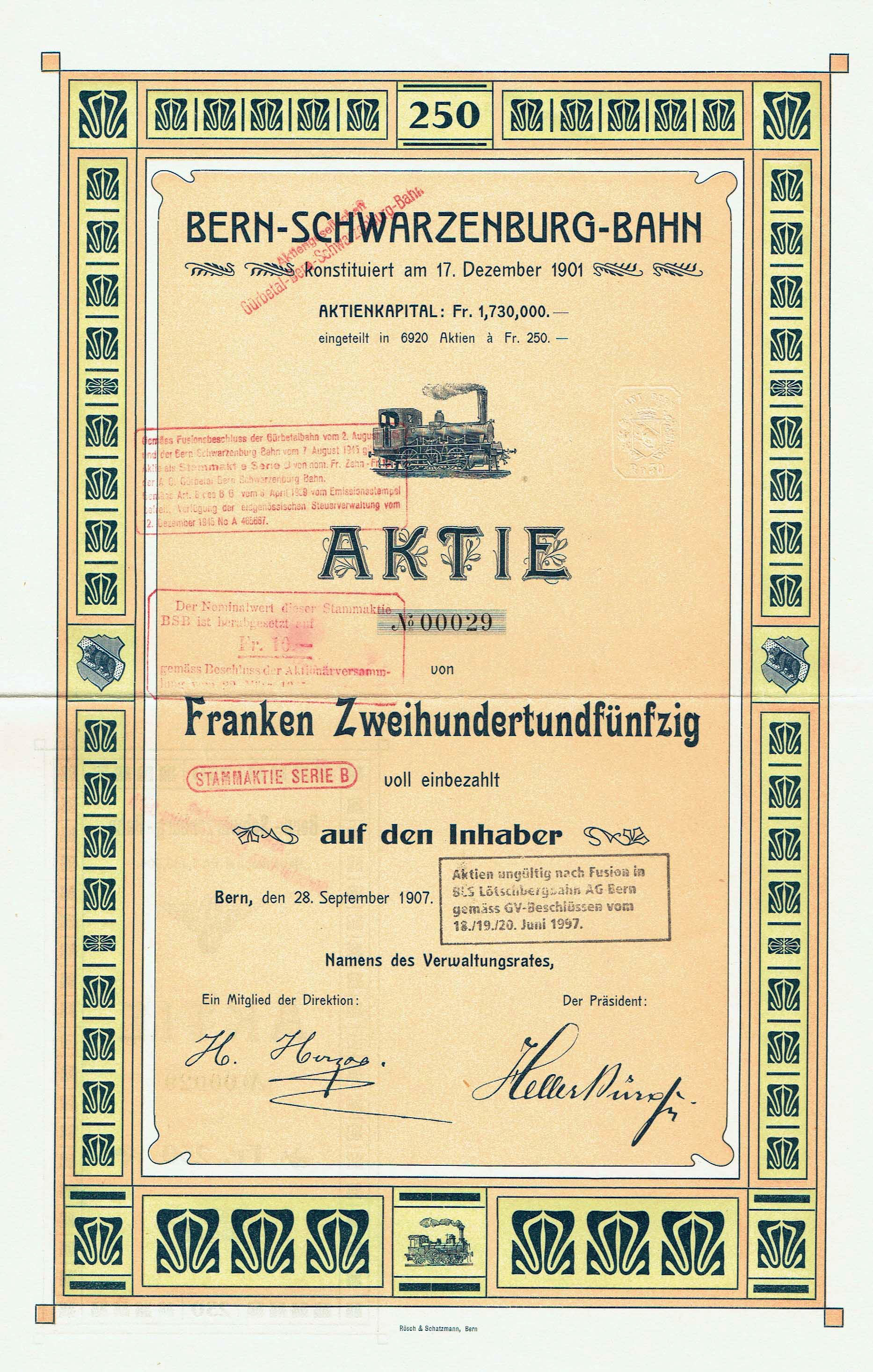 Ein altes Aktienzertifikat der deutschen Regierung der Bern-Schwarzenburg-Bahn mit Text und einer Illustration eines Zuges.