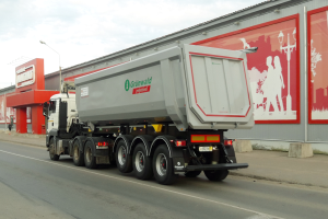 Ein großer Laster mit einem sichtbaren Vorderrad fährt auf einer Straße neben einem Gebäude, mit Straßenlaternen, Strommasten und einem bewölkten Himmel im Hintergrund.