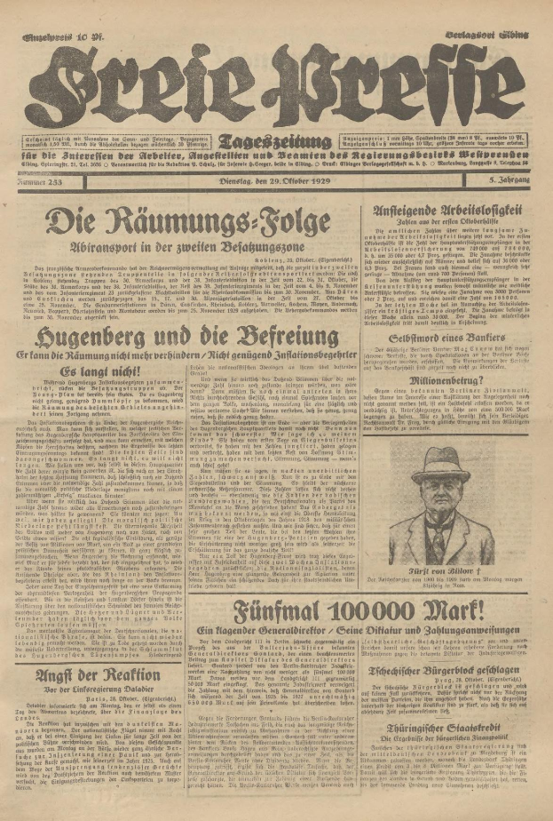 Titelseite der deutschen Zeitung vom 29. September 1929 mit einem Schwarz-Weiß-Foto eines Mannes in Anzug und Hut mit ernstem Gesichtsausdruck neben der Schlagzeile "Sugenberg und die Defreiung."