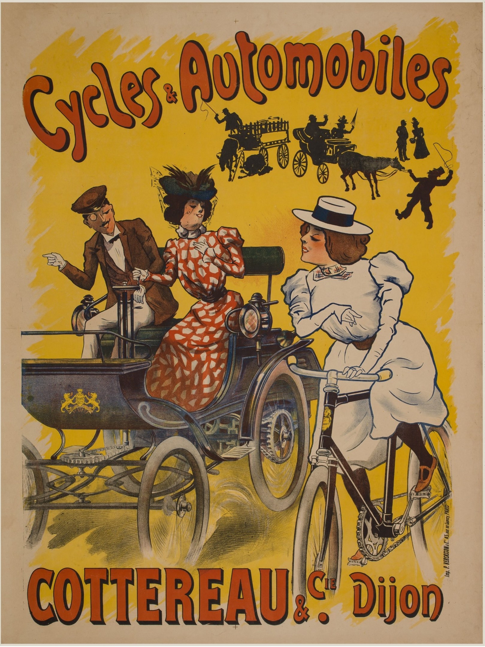 Plakat zur Ankündigung von Fahrrädern und Automobilen in Cottereau und Dijon, Frankreich, das Menschen auf Fahrrädern und eine Kutsche zeigt mit "Fahrräder und Automobile" oben drauf.