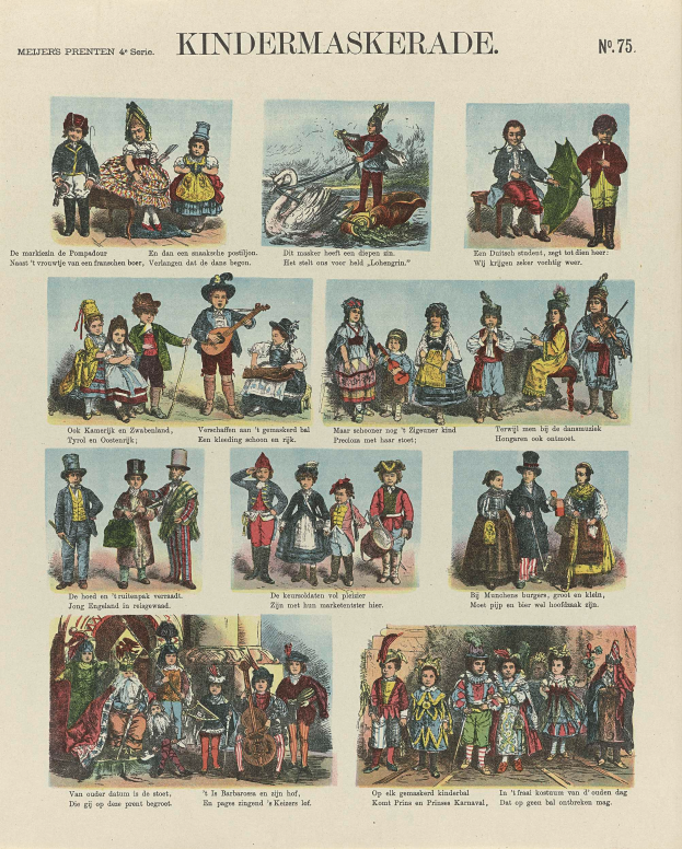 Ein Buch mit verschiedenen Bildern von Kindern in bunten Kostümen, einschließlich Masken und Hüten, mit begleitendem Text, der wahrscheinlich die Kostüme beschreibt.