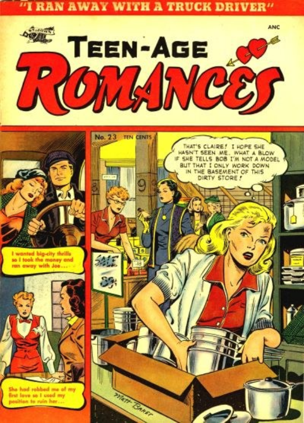 Ein farbenfroher DC-Comics-Plakat titled 'Teen-Age Romances 23-A', das eine Gruppe von lächelnden Menschen in einer romantischen Umarmung zeigt.