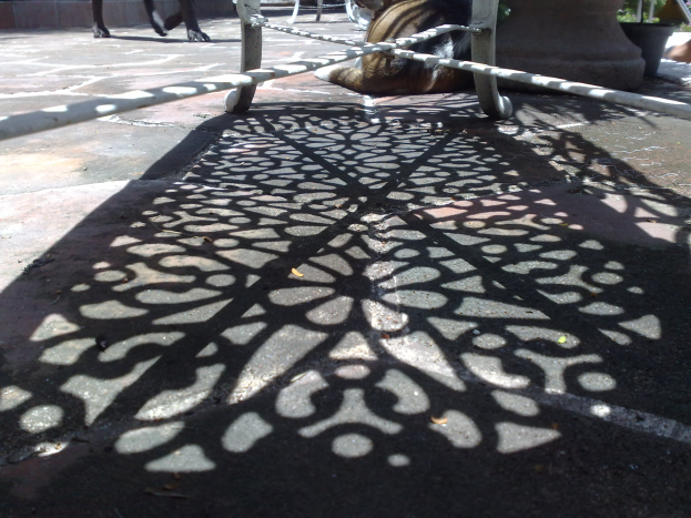 Ein Hund liegt auf dem Boden neben einem dekorativen Metallzaun, mit Menschen, einem Topf mit einer Pflanze, Pfosten, einer Wand und Bäumen im Hintergrund.