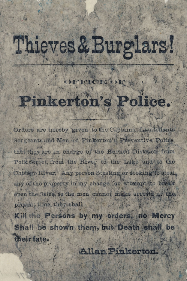 Plakat mit fetter schwarzer Schrift "Diebe & Einbrecher Pinkerton's Police" in der Mitte auf weißem Hintergrund eingerahmt von einem dünnen schwarzen Rand.
