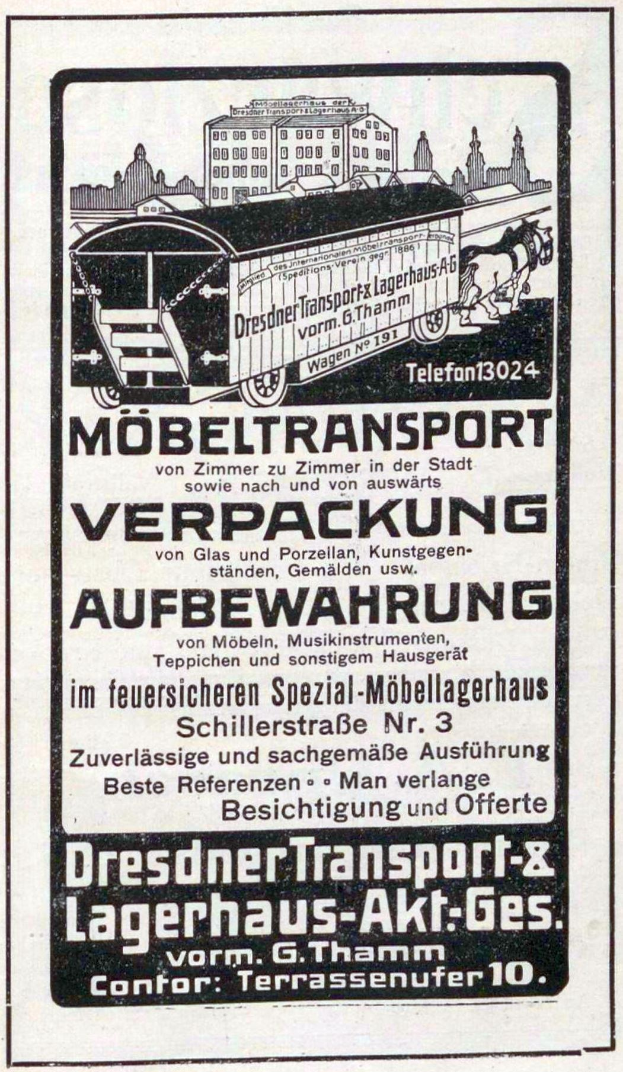 Anzeige für eine Bahn mit einem Bild einer Bahn, Text "Dresdner Transport & Lagerhaus-Akt-Ges" und ein paar Gebäuden im Hintergrund.