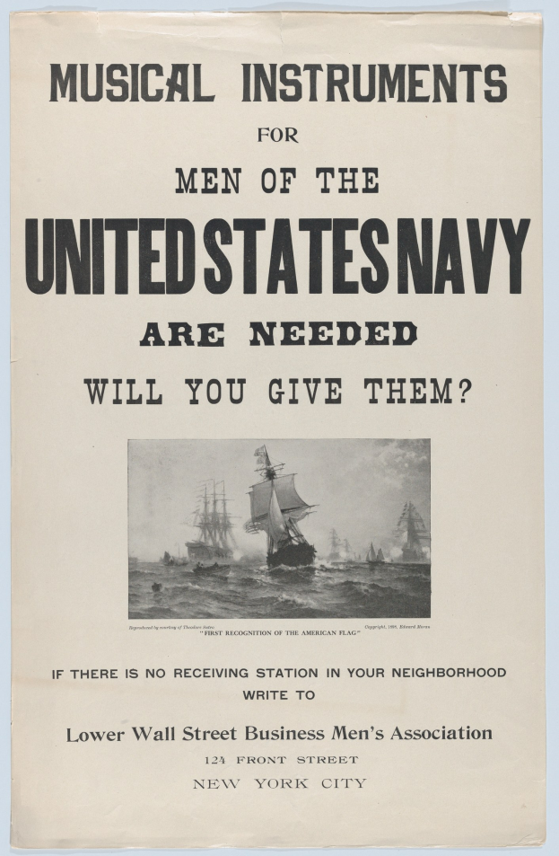 Eine Liste musikalischer Instrumente für die US-Navy auf einem Blatt Papier, begleitet von einer Illustration von Schiffen, die auf dem Wasser segeln.